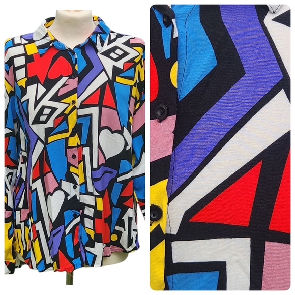 Women's Button Blouse Xlarge Artsy Pop Funky Geometric Festival Concert - Picture 3 of 14